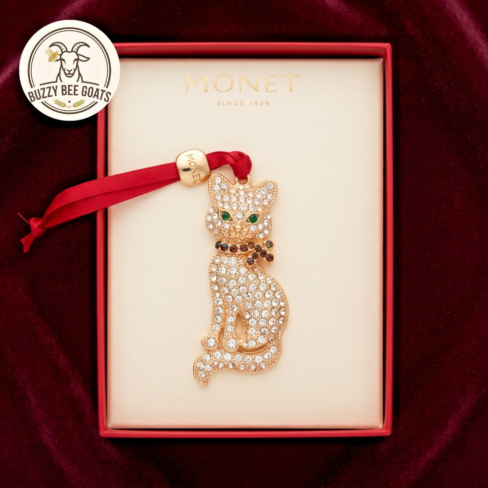 Monet Kitty Cat Christmas Ornament Gold-Tone Rhinestone 2024 Holiday Decor 3x2